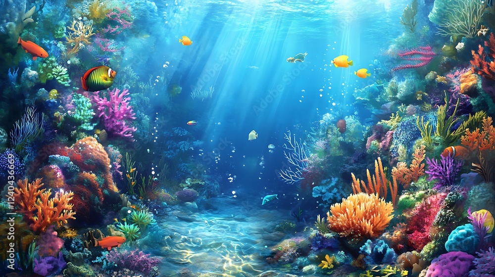 Fototapeta premium A vibrant underwater scene with colorful coral reefs, fish, and sunbeams