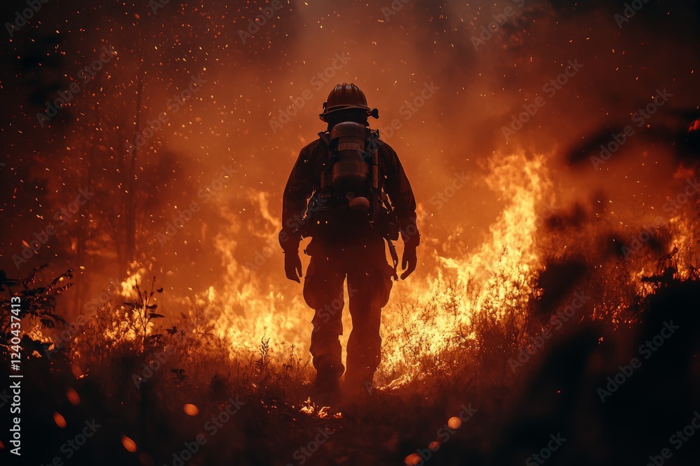 Firefighter battling wildfires during a smoky sunset in a forest environment Firefighter battling wildfires during a smoky sunset in a forest environment