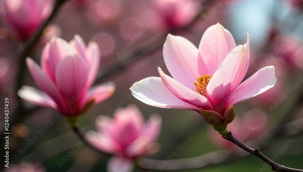 Petals unfurl on branches of blooming magnolia tree, fresh, daily, garden Petals unfurl on branches of blooming magnolia tree, fresh, daily, garden