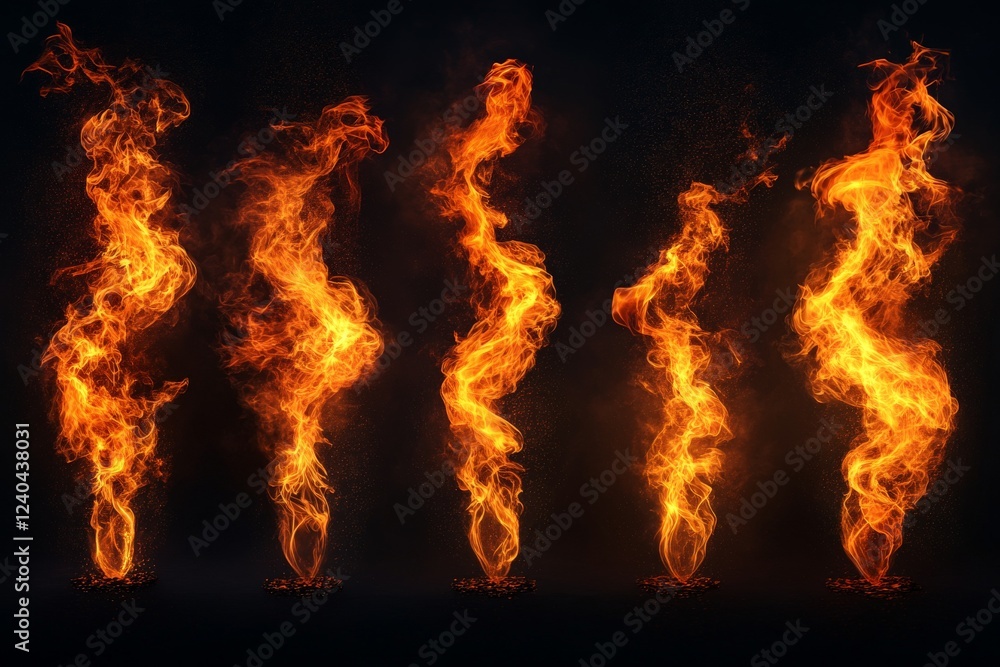 Fototapeta premium Dynamic flames dance in a captivating display of fiery shapes and forms against a dark background