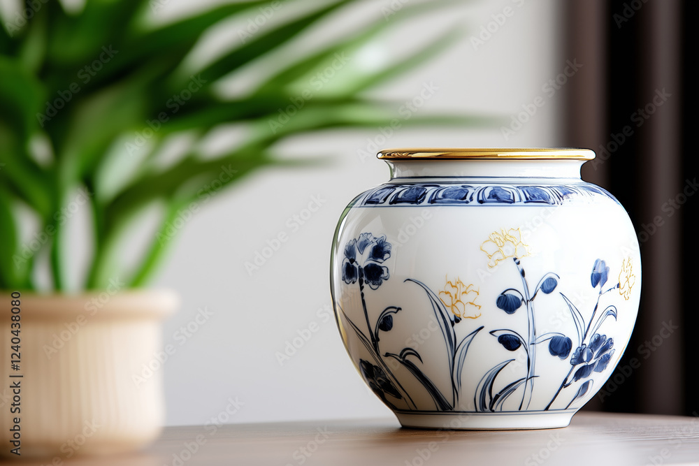 Blue and White Porcelain Vase with Floral Design and Gold Accent Blue and White Porcelain Vase with Floral Design and Gold Accent