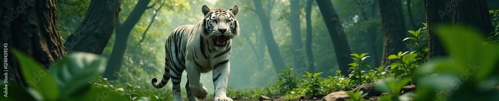 Obraz premium White tiger's open mouth and sharp claws in the midst of a dense jungle, powerful, trees, forest