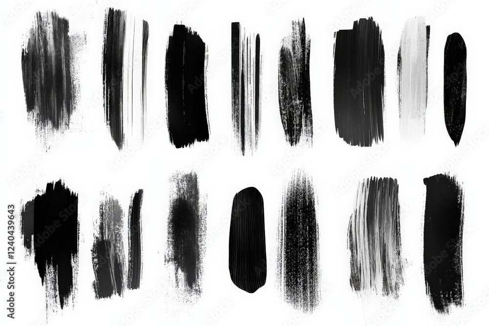 Abstract black and white brush strokes showcasing various textures and patterns on a blank canvas Abstract black and white brush strokes showcasing various textures and patterns on a blank canvas
