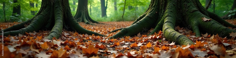 Forest floor with fallen leaves and twisted tree roots, organic shapes, leaf litter Forest floor with fallen leaves and twisted tree roots, organic shapes, leaf litter