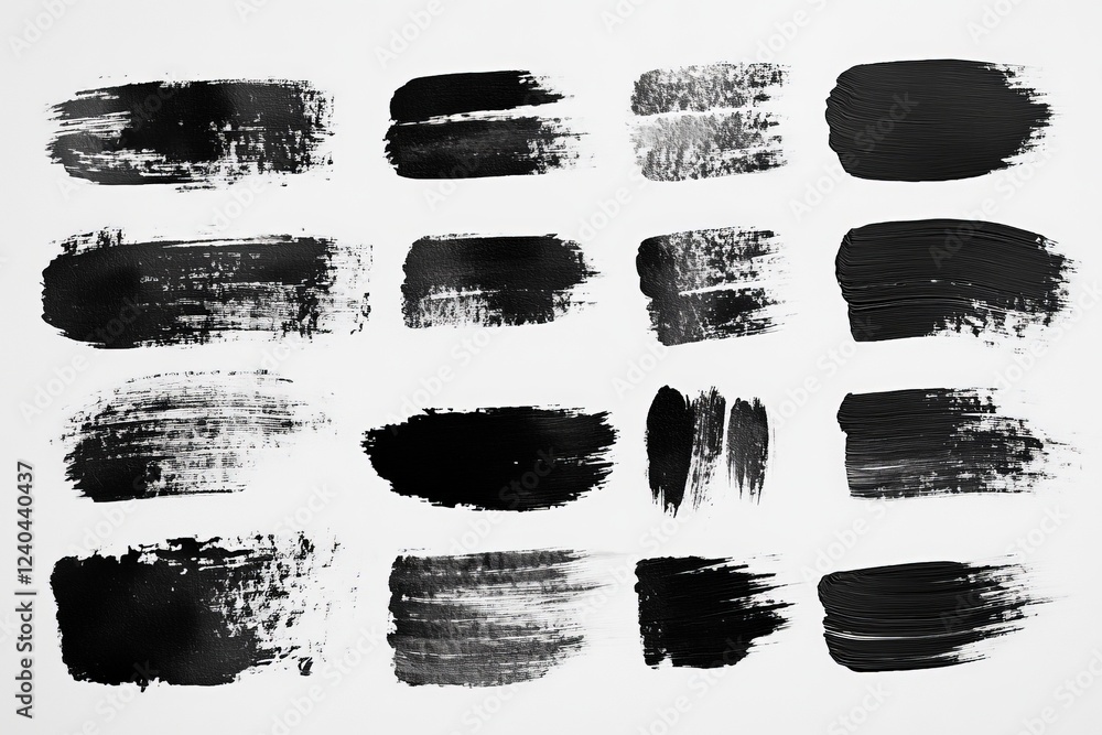 Black paint strokes on a white canvas showcasing various textures and techniques for artistic expression Black paint strokes on a white canvas showcasing various textures and techniques for artistic expression