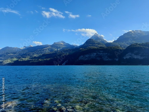 Magic photo of a lake reflecting the mountains during a hike in the Swiss Alps photo