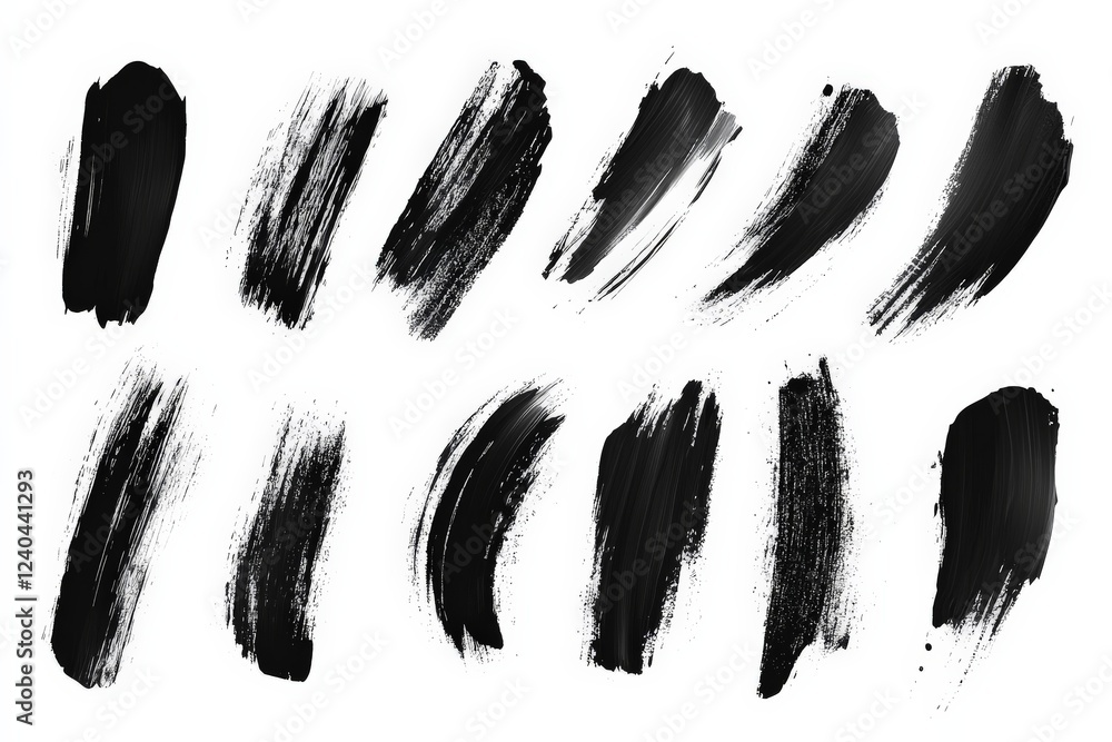 Dynamic black brush strokes creating artistic patterns on a white background for creative design projects Dynamic black brush strokes creating artistic patterns on a white background for creative design projects