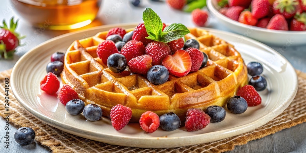Golden Waffle Topped with a Medley of Fresh Berries and a Sprig of Mint, Served on a Plate Golden Waffle Topped with a Medley of Fresh Berries and a Sprig of Mint, Served on a Plate