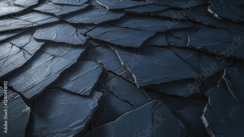 Dark Blue Fractured Stone Texture, Abstract Cracked Slate Surface, Rugged Rock Pattern with Deep Shadows, Hyper-Realistic Jagged Stone Background photo