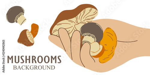 Vector background hand holding edible mushrooms. The concept of collecting and growing mushrooms.