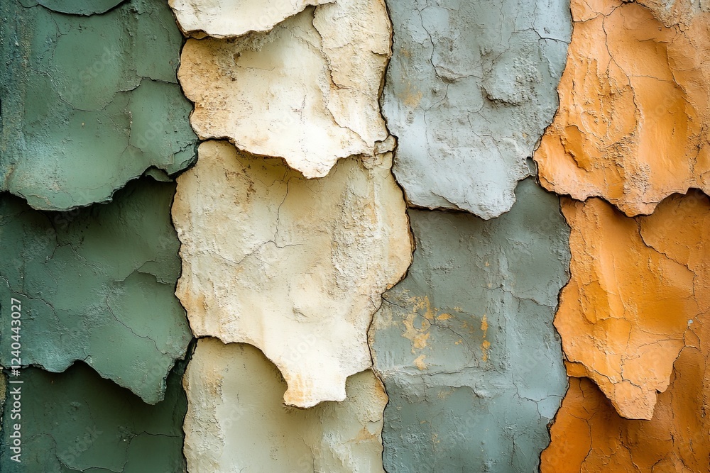 Fototapeta premium Textured wall with peeling paint showcasing earthy tones and unique patterns in an urban setting