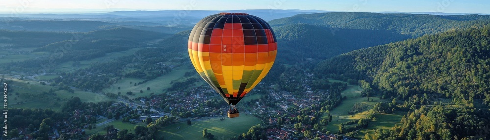 A vibrant hot air balloon featuring the German flag floats gracefully over a picturesque landscape, showcasing stunning hills and valleys below. A vibrant hot air balloon featuring the German flag floats gracefully over a picturesque landscape, showcasing stunning hills and valleys below.