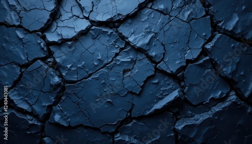 Dark Blue Fractured Stone Texture, Abstract Cracked Slate Surface, Rugged Rock Pattern with Deep Shadows, Hyper-Realistic Jagged Stone Background photo