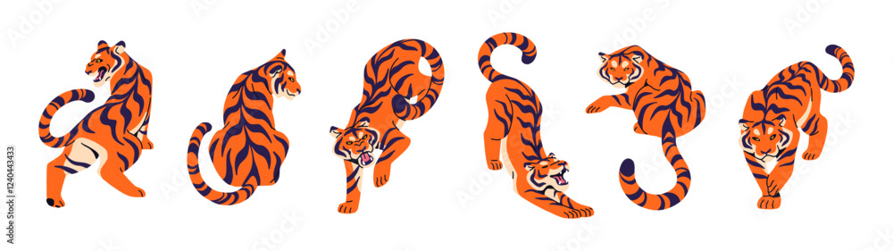 Obraz premium Set of Bengal or Amur tiger in different poses. Striped big cat of jungle, wild animal of rainforest. Tigris is angry, stretches, roars, bares teeth. Flat isolated vector illustrations on white