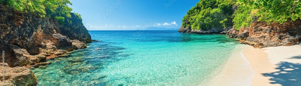 A stunning beach scene featuring clear turquoise waters, golden sand, and lush green vegetation under a bright blue sky. A stunning beach scene featuring clear turquoise waters, golden sand, and lush green vegetation under a bright blue sky.