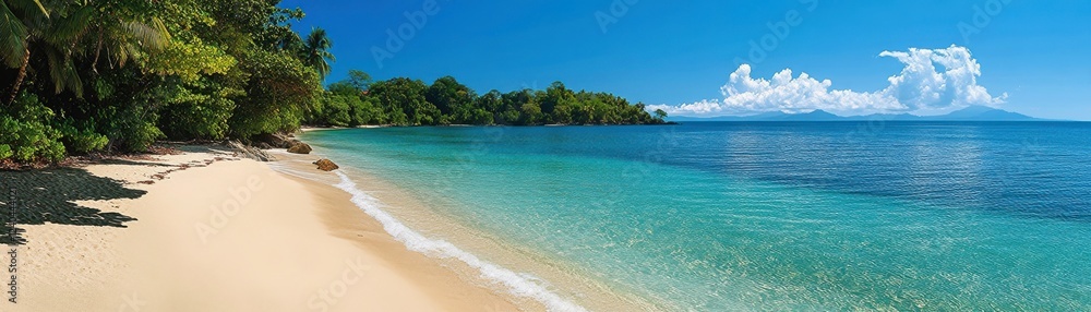 A serene beach scene with clear turquoise waters, golden sands, and lush greenery, under a bright blue sky dotted with fluffy clouds. A serene beach scene with clear turquoise waters, golden sands, and lush greenery, under a bright blue sky dotted with fluffy clouds.