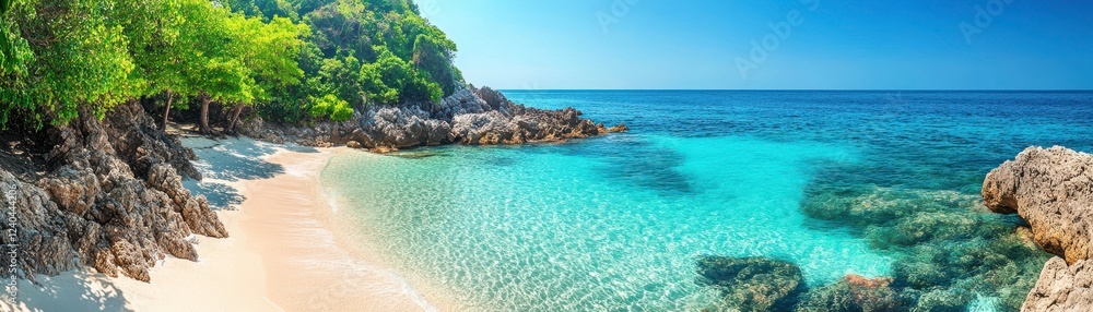 A tranquil beach scene featuring clear turquoise waters, sandy shores, lush greenery, and rocky formations under a bright blue sky. A tranquil beach scene featuring clear turquoise waters, sandy shores, lush greenery, and rocky formations under a bright blue sky.