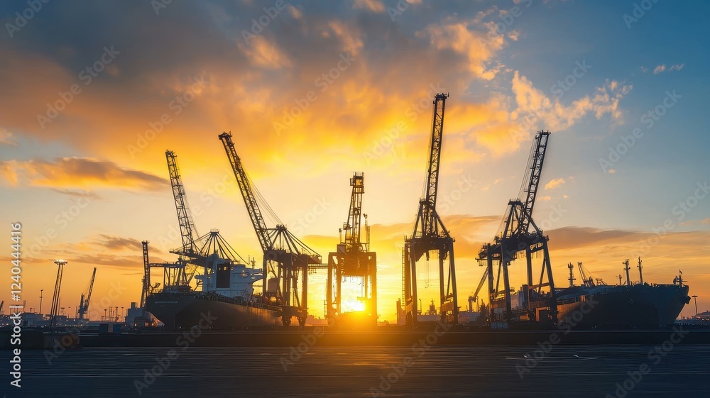 Silhouetted cranes at sunset beside ships create a stunning industrial landscape, highlighting maritime activity and the beauty of twilight. Silhouetted cranes at sunset beside ships create a stunning industrial landscape, highlighting maritime activity and the beauty of twilight.
