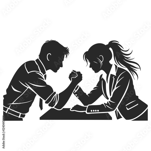 silhouette of a businessman and woman engaged in an arm wrestling match, symbolizing competition and strength.