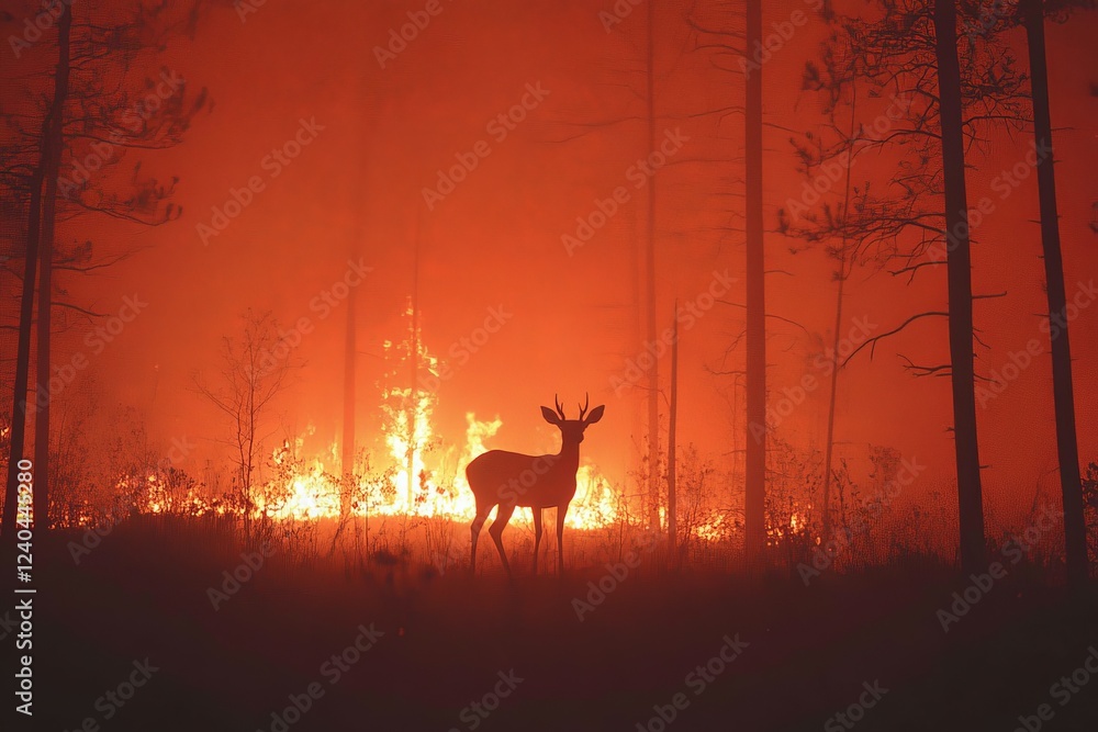 Wild deer stands amidst raging wildfire in forest during dusk Wild deer stands amidst raging wildfire in forest during dusk