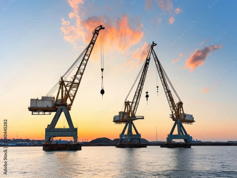 The image showcases three large cranes by the water during sunset, highlighting industrial activity against a colorful sky. The image showcases three large cranes by the water during sunset, highlighting industrial activity against a colorful sky.