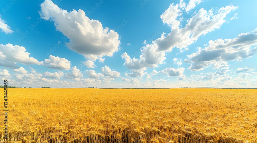 Golden Wheat Field Under Blue Sky with Fluffy Clouds Landscape Golden Wheat Field Under Blue Sky with Fluffy Clouds Landscape