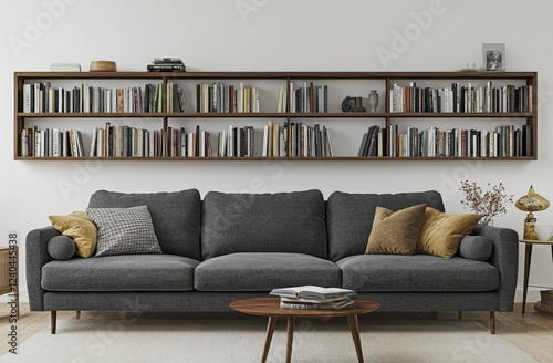 Modern living room, sofa, bookshelves, interior design, minimalist decor, home staging photo