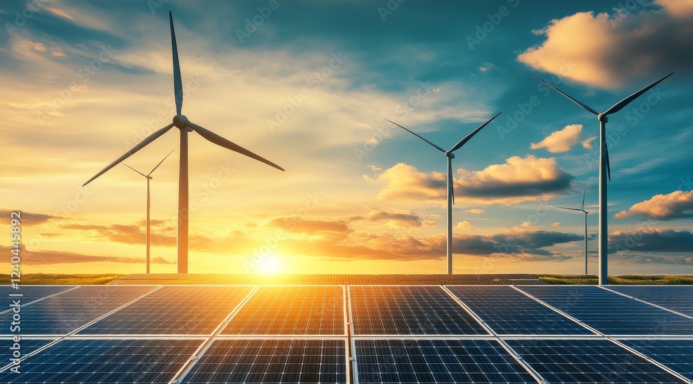 Sunset field with wind turbines & solar panels Sunset field with wind turbines & solar panels