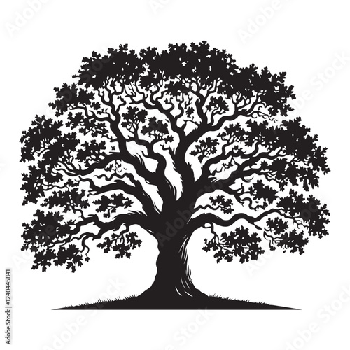 Detailed Black Silhouette of a Mighty Oak Tree Illustration