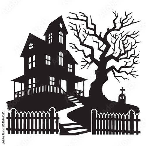 Spooky Black Silhouette Haunted House Illustration