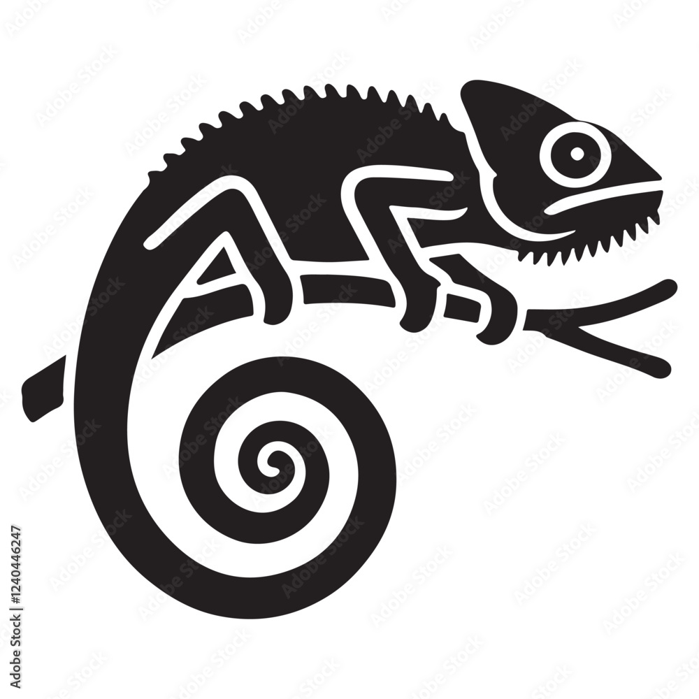 Chameleon Silhouette Coiled Around a Branch