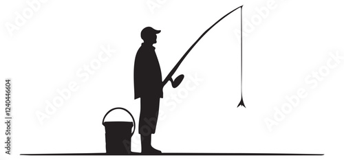 Silhouette of a Fisherman with a Fishing Rod Vector Illustration