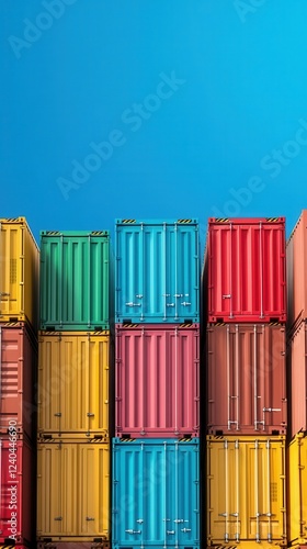 Colorful containers stacked in a shipping yard setting. photo