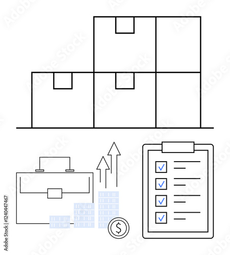 Stacked boxes, briefcase, rising arrows with currency, and checklist. Ideal for logistics, business growth, financial success, inventory management planning productivity audit. Line metaphor