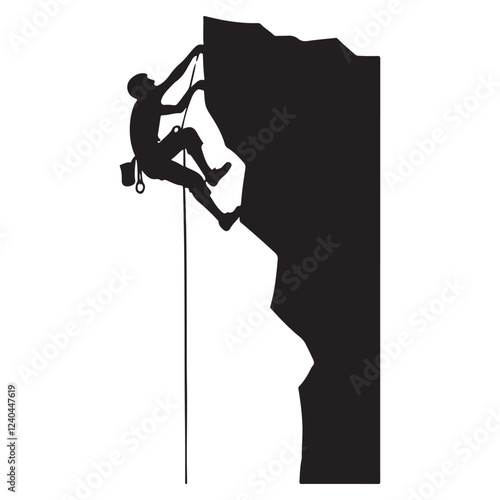 Silhouette of a Climber Ascending a Tall Rock Wall