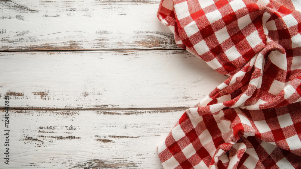 Red Gingham Tablecloth on White Wooden Table: A classic red and white gingham tablecloth drapes gracefully over a distressed white wooden tabletop. Red Gingham Tablecloth on White Wooden Table: A classic red and white gingham tablecloth drapes gracefully over a distressed white wooden tabletop.