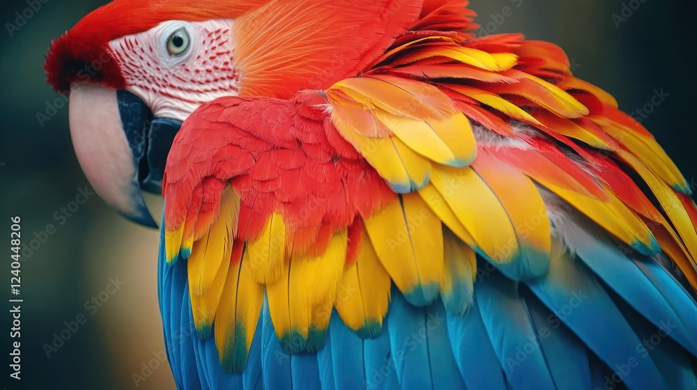 Fototapeta premium Close-up of a scarlet macaw's bright red, yellow, and blue feathers.