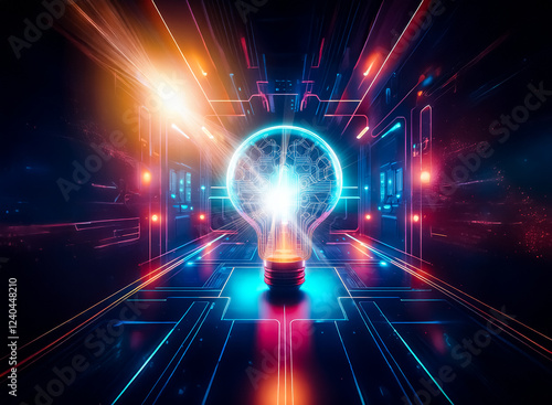 Wallpaper Mural A glowing lightbulb, its filament a circuit board, sits in a futuristic, neon-lit corridor.  The scene evokes innovation and technological advancement. Torontodigital.ca