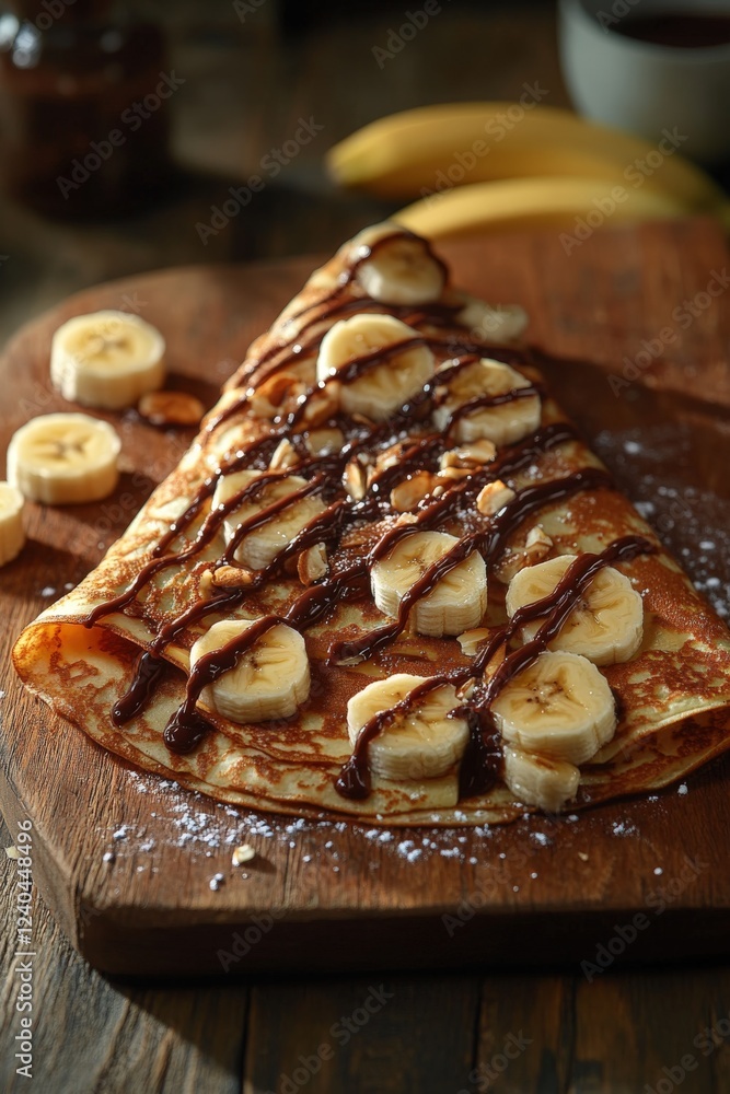 Delicious crepe topped with Nutella and fresh banana slices on rustic wooden board Delicious crepe topped with Nutella and fresh banana slices on rustic wooden board