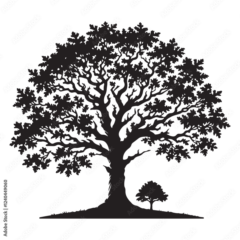 Obraz premium Mature Oak Tree with Sapling Silhouette Vector Art