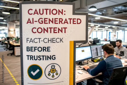 Office sign warns about AI-generated content, emphasizing the need for fact-checking before trusting information.