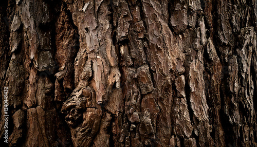 Dramatic close-up of dark brown tree bark texture.  Rich, detailed image ideal for backgrounds, website design, or nature-themed projects.  Provides a rustic and organic feel.