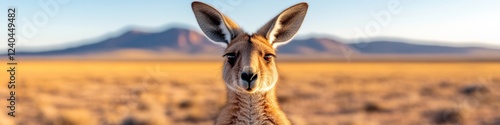 Marsupial Wildlife Textured Kangaroo Portrait with Mountainous Outback Backdrop - Captivating Eco Tourism Content and Biodiversity Advocacy photo