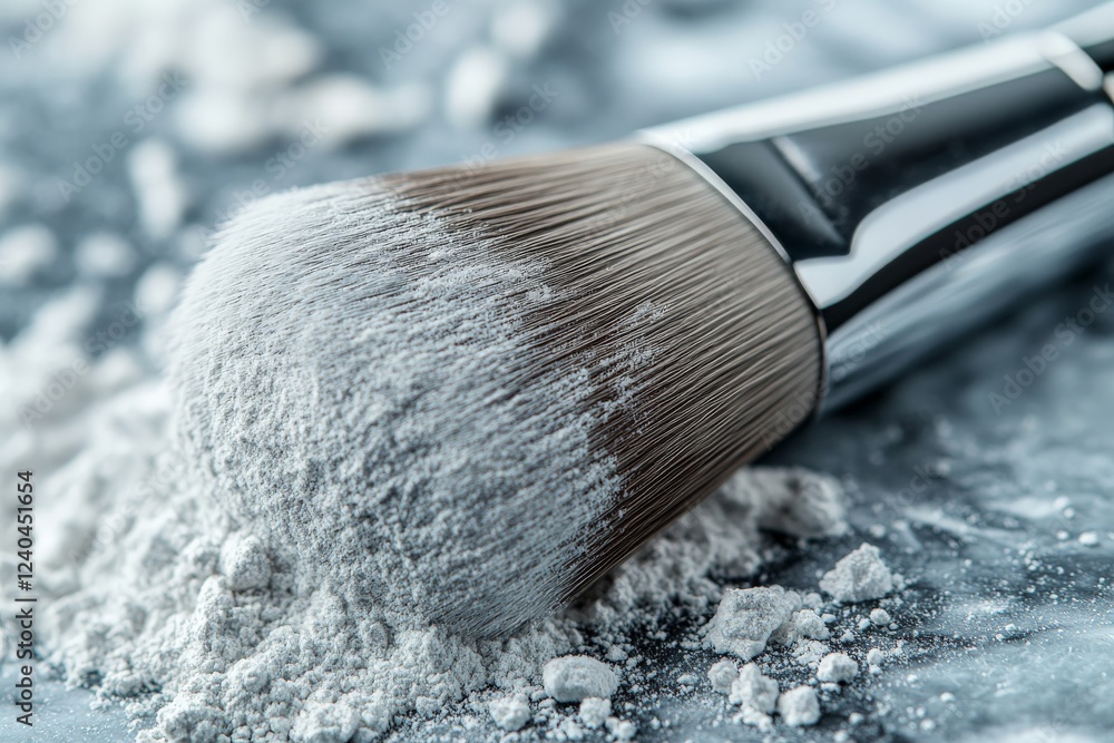 Makeup brush covered in loose powder on a marble surface during makeup application Makeup brush covered in loose powder on a marble surface during makeup application