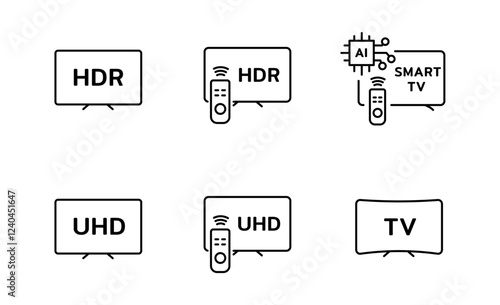 Set of Smart tv icon and Display Screen Symbol UHD or HDR Outline icon, Editable Stroke