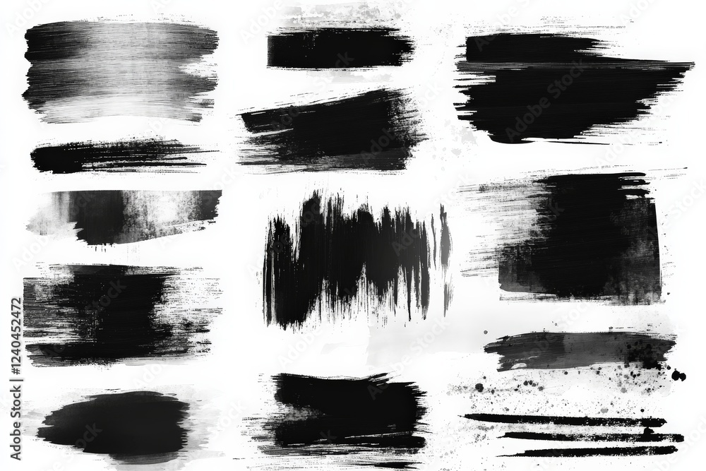 Abstract black brush strokes on a white background for design projects and artistic expressions Abstract black brush strokes on a white background for design projects and artistic expressions