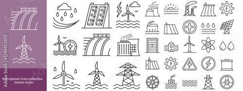 Set of  outline icons to hydropower. hydropower Linear icon collection. Editable stroke. Vector illustration