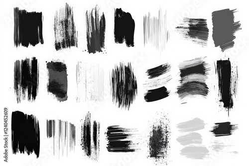 Diverse black and white paint strokes showcasing texture and artistic expression in a minimalist style