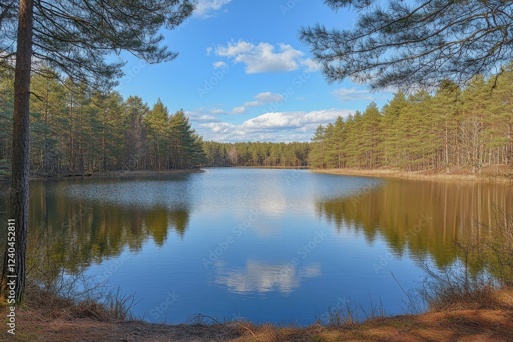 Obraz premium A serene lake surrounded by lush trees under a clear blue sky, reflecting the tranquil beauty of nature.