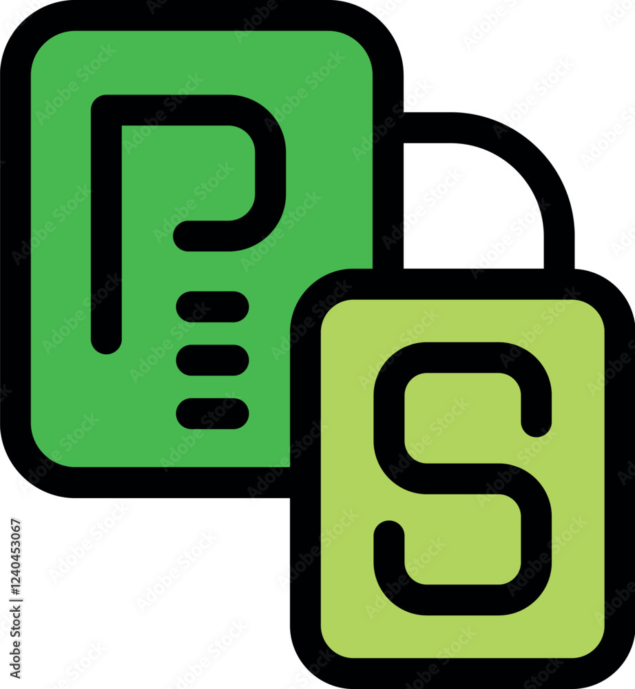 Green and light green squares overlapping, forming ps file extension, representing postscript language files Green and light green squares overlapping, forming ps file extension, representing postscript language files